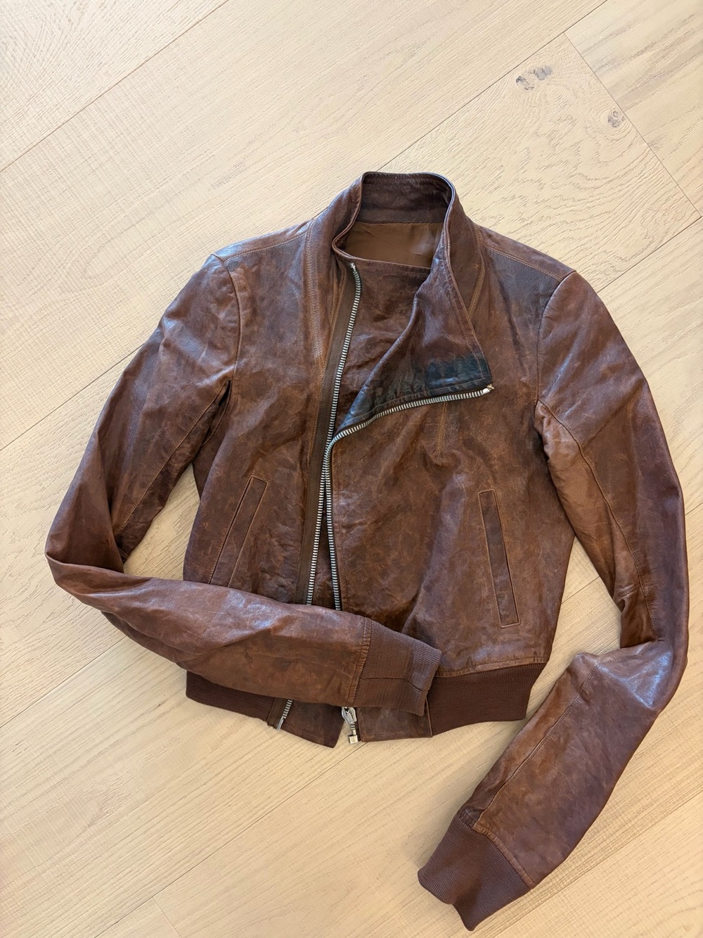 Rick Owens Brown Aged Leather Jacket IT40
